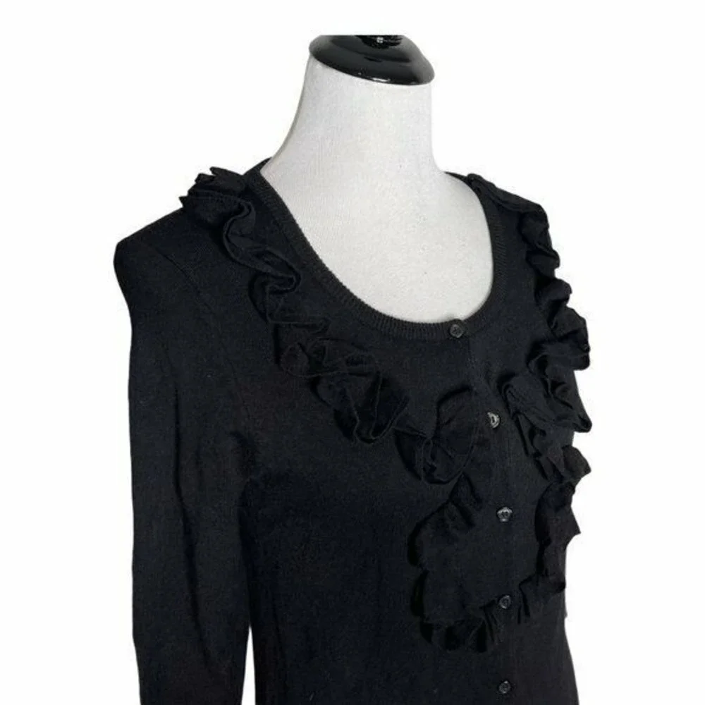 Black Ruffled Cardigan Sweater Scoop Neck Layered Frill‎ 3/4 Sleeve Knit Top MP
